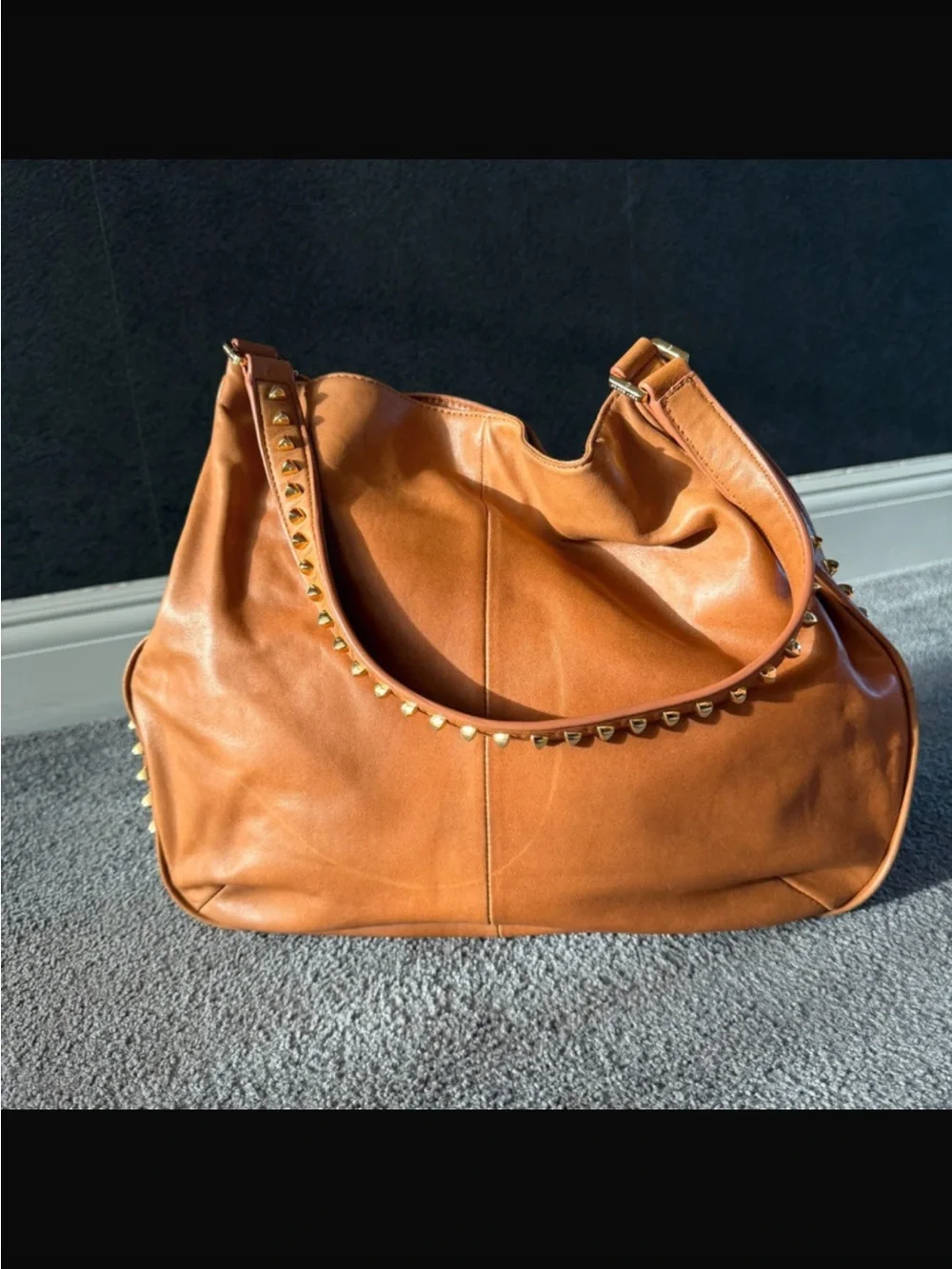 Tory Burch Soft Brown Buttery Leather Shoulder Hobo with Gold Stud Trim